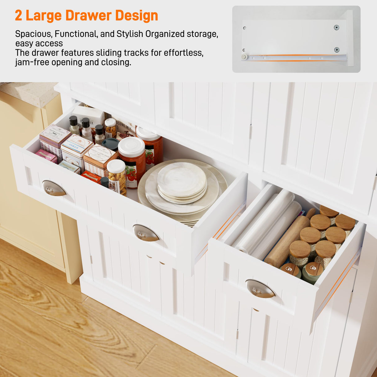 71" Tall Kitchen Cabinet Pantry Storage,Modern Kitchen Hutch Cabinet with Doors and Adjustable Shelves,Large Freestanding Food Pantry with 2 Drawer for Dining Room, Living Room, Hallway,White chartustriable