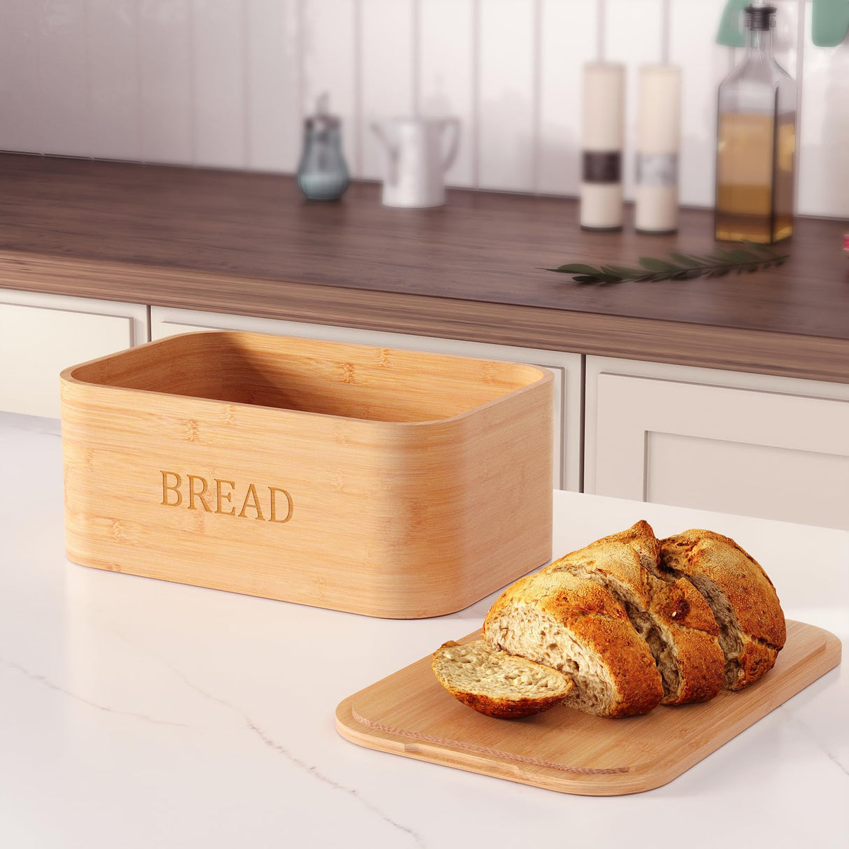Danfoxer Bamboo Bread Box for Kitchen Countertop,Curved Bamboo Bread Boxes with Cutting Board Lid, Wooden Bread Storage, Bread Container Airtight, Food Storage for Kitchen Counter(Natural) Danfoxer