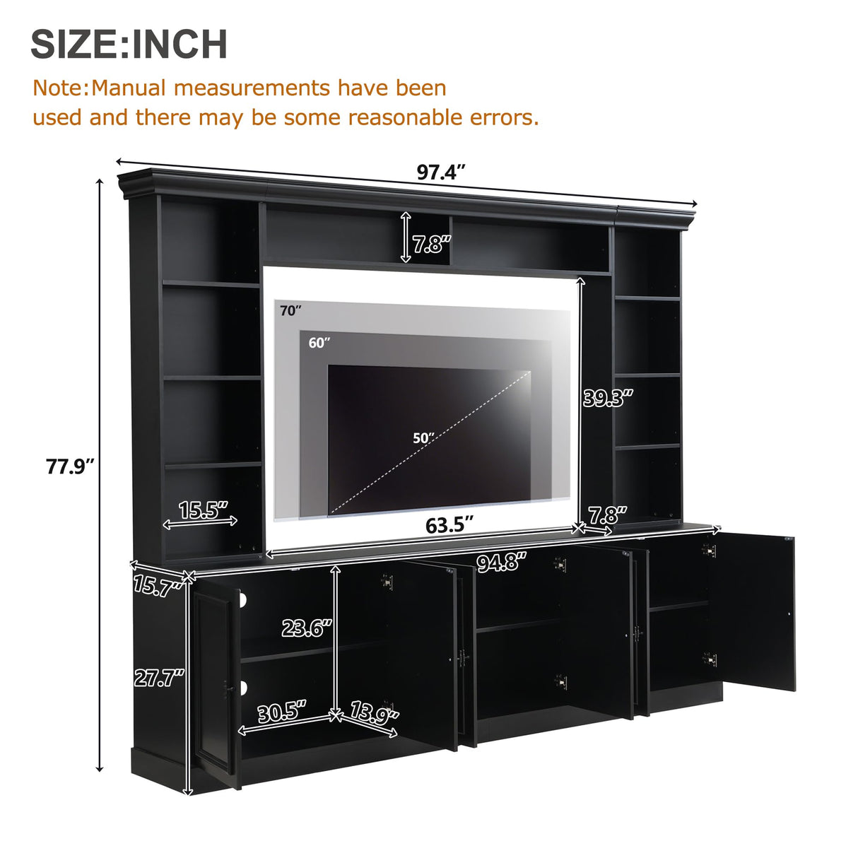 SOFTSEA 4-Piece Wall Unit Entertainment Center with Bookshelves for TVs up to 70", Modern TV Stand with 6 Doors & Adjustable Shelves, Large Media Center with Display Cabinet for Living Room, Black SOFTSEA