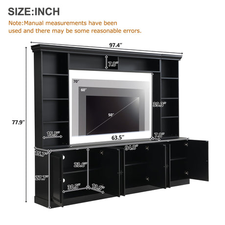 97.4"W Elegant 4-Piece Wall Unit Entertainment Center with Bookshelf for TVs Up to 70", Versatile TV Stand with Adjustable Shelf and Bridge, Mid-Century Media Console for Living Room (Black/TV) Hlcodca