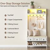Gurexl 67” Farmhouse Hall Tree with Shoe Storage, Auto Sensor Wood Coat Tree with LED Lights, 3-in-1 Entryway Bench with Coat Rack, Hooks and Drawers for Hallway, Living Room, Bedroom (White) Gurexl