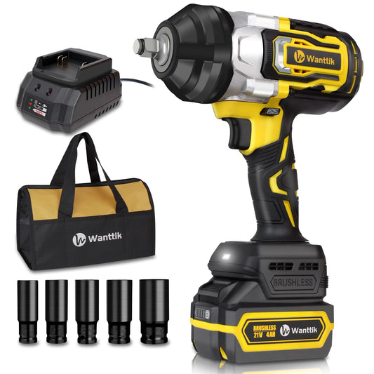 WANTTIK Cordless Impact Wrench 1/2 Inch, 1000 Ft-lbs High Torque, 21V Brushless Impact Gun w/ 4.0 Ah Battery, Fast Charger, 5 Sockets and Tool Bag - WoodArtSupply