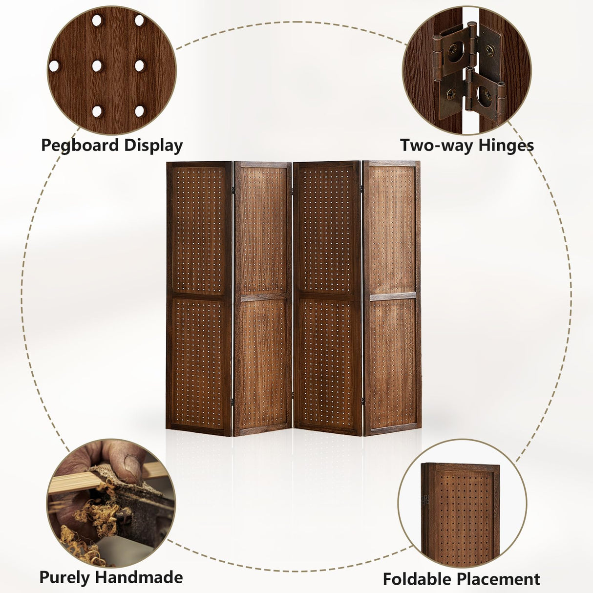Leesinwing 4 Panel Room Dividers and Folding Privacy Screens, 5.6Ft Wooden Pegboard Display, Privacy Dividers for Bedroom, Portable Dispxlay Board Organizer for Store, Jewelry Display, Dark Brown Leesinwing