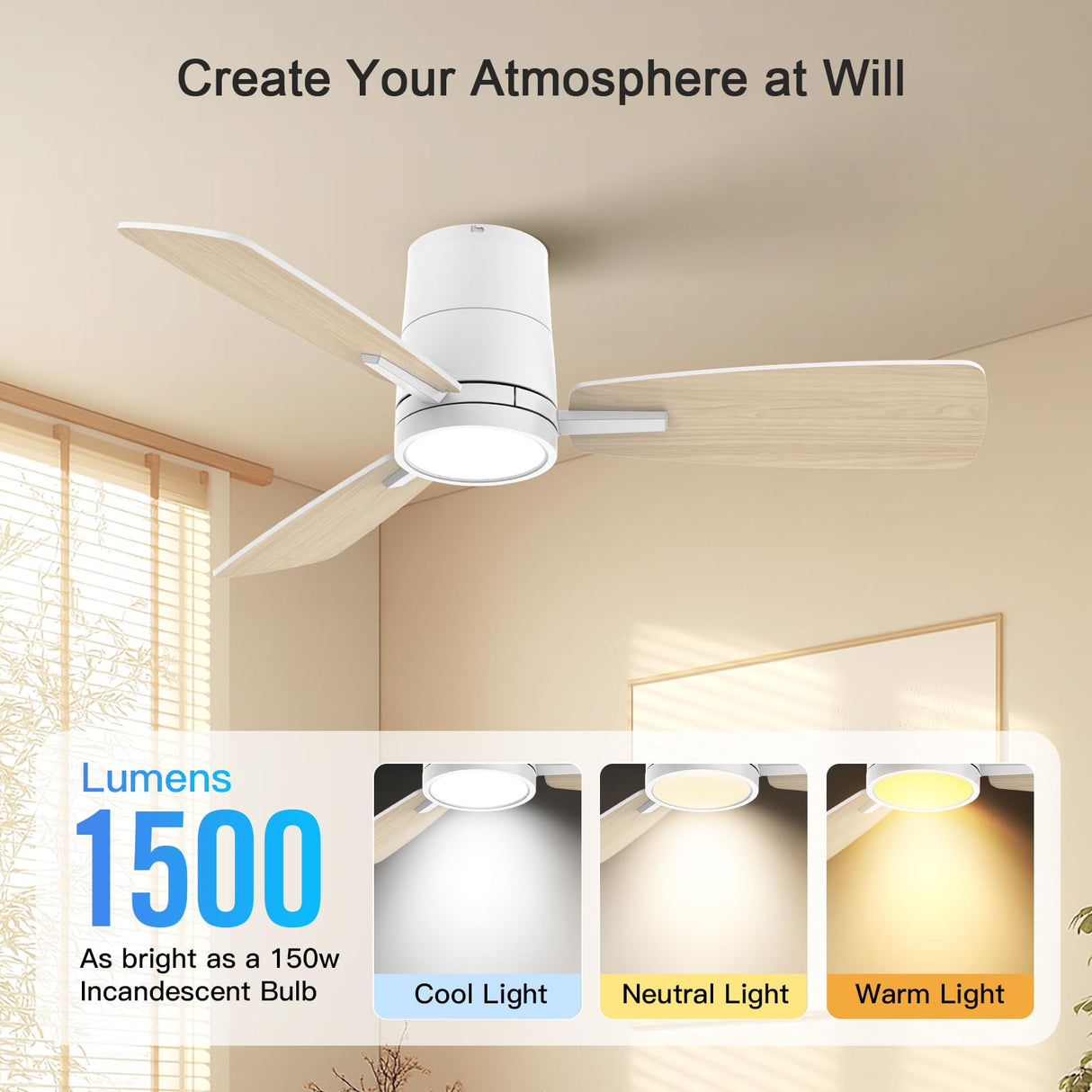 Atolit Ceiling Fans with Lights,42 inch,Quiet Reversible Motor,Easy to Install,6 Speeds,3CCT,Timer, White Modern Ceiling Fan for Living Room, Bedroom, Kitchen, Dining room, Office Atolit