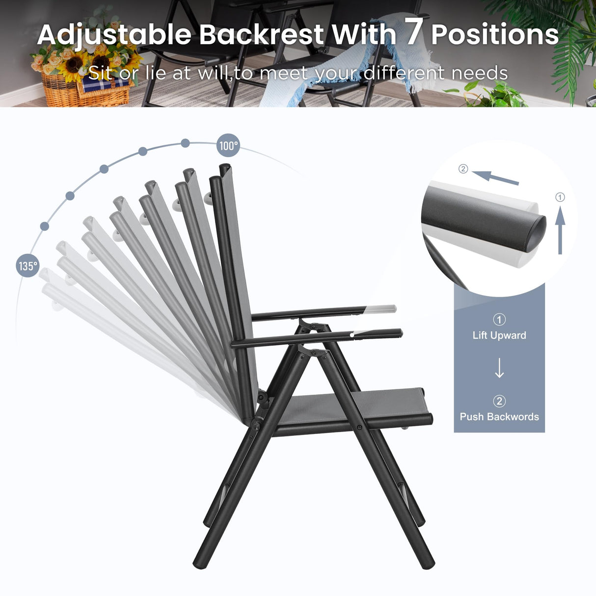 PHI VILLA 9 Piece Outdoor Dining Set, All Weather Furniture Patio Table and Chairs for 8 with Adjustable Lightweight Patio Folding Dining Chairs (Grey) & Extendable Metal Table for Garden, Yard PHI VILLA