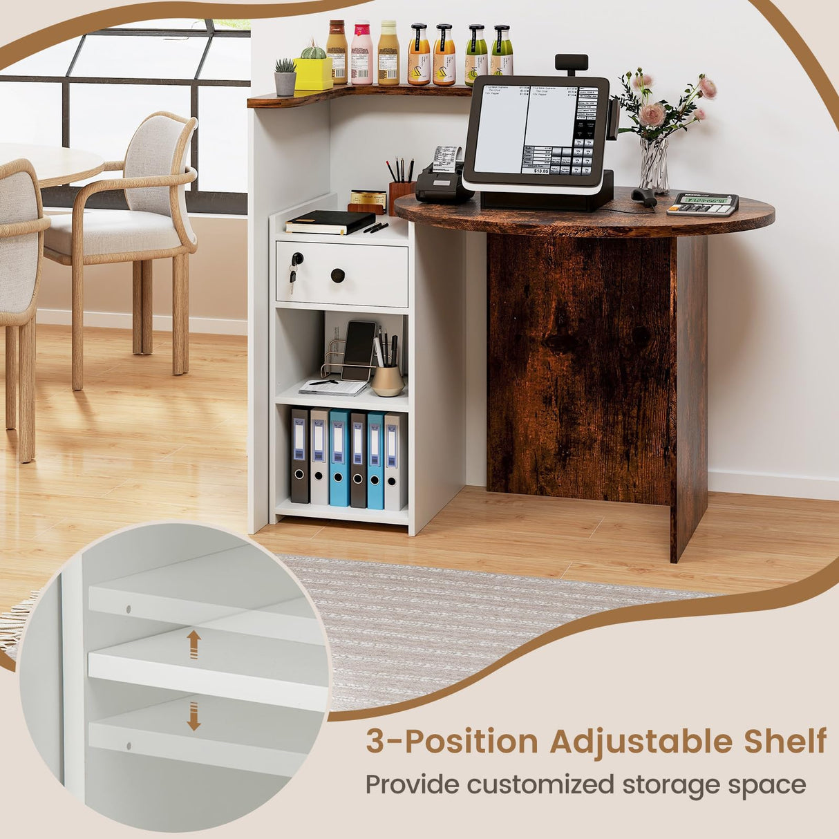 SILKYDRY Reception Desk, Small Retail Checkout Counter with Lockable Drawer and Open Shelves, Wooden Computer Workstation for Home Office Lobby, White Oval Desktop & Brown Counter SILKYDRY