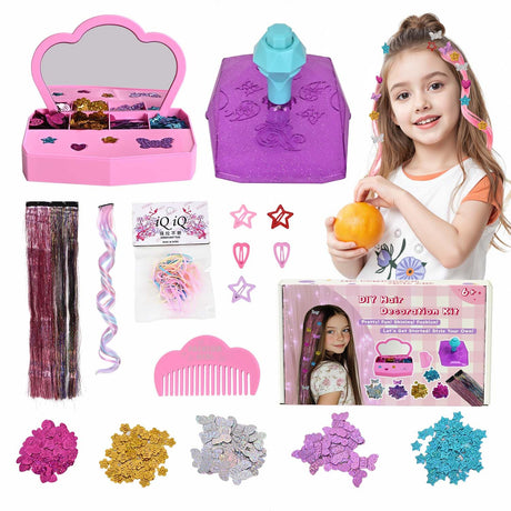 Hair Gem Stamper Kit for Girls, Pluspace Hair Gems for Girls with 600 Hair Glitter Patch, No-Glue Hairstyle Design Art Crafts, Hair Bedazzler Tool Reusable Princess Hair Accessories Gift for Kids 6-15 Pluspace