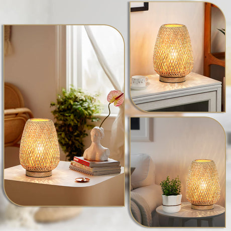 Rattan Table Lamp, Stepless Dimmable Small Beside Lamp, Vintage Wicker Wooden Nightstand Lamp, Boho Bamboo Woven End Table Lamp for Bedroom Living Room Desk Kids Room, 2700K T45 LED Bulb Included Brightever
