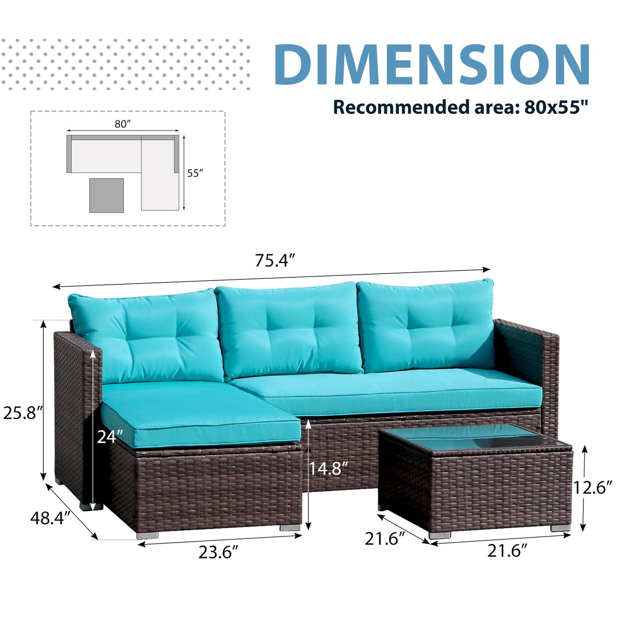 JOIVI Outdoor Wicker Sectional Furniture Set, 3 Piece Patio Furniture with Tempered Glass Coffee Table, Turquoise JOIVI