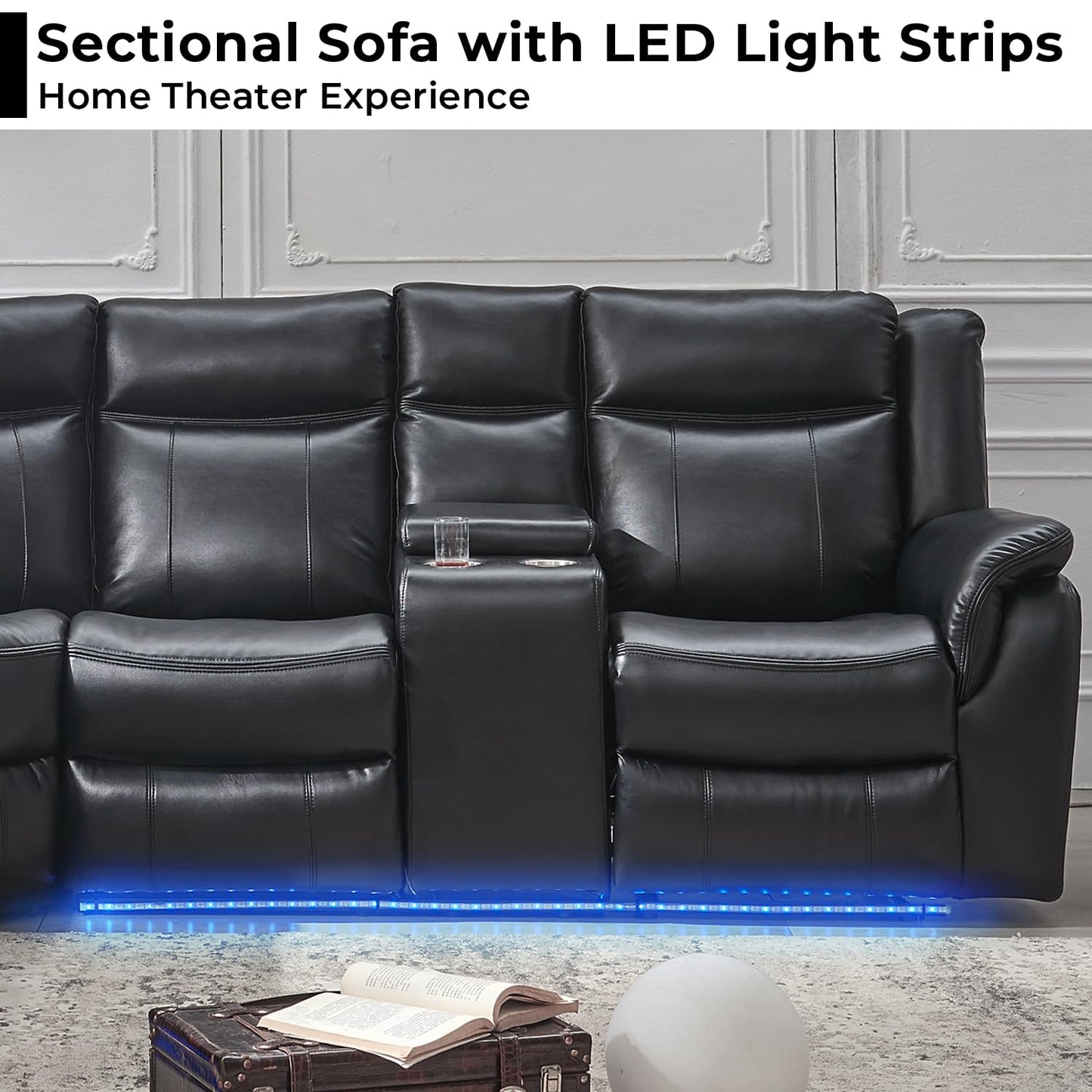 Manual Recliner Sofa Sectional Couches with LED Light for Living Room, Leather Reclining Corner Sectionals Sofa Couch Sets with 2 Theater Recliner Seat, USB, Cup Holder, Storage Console for Home,Black