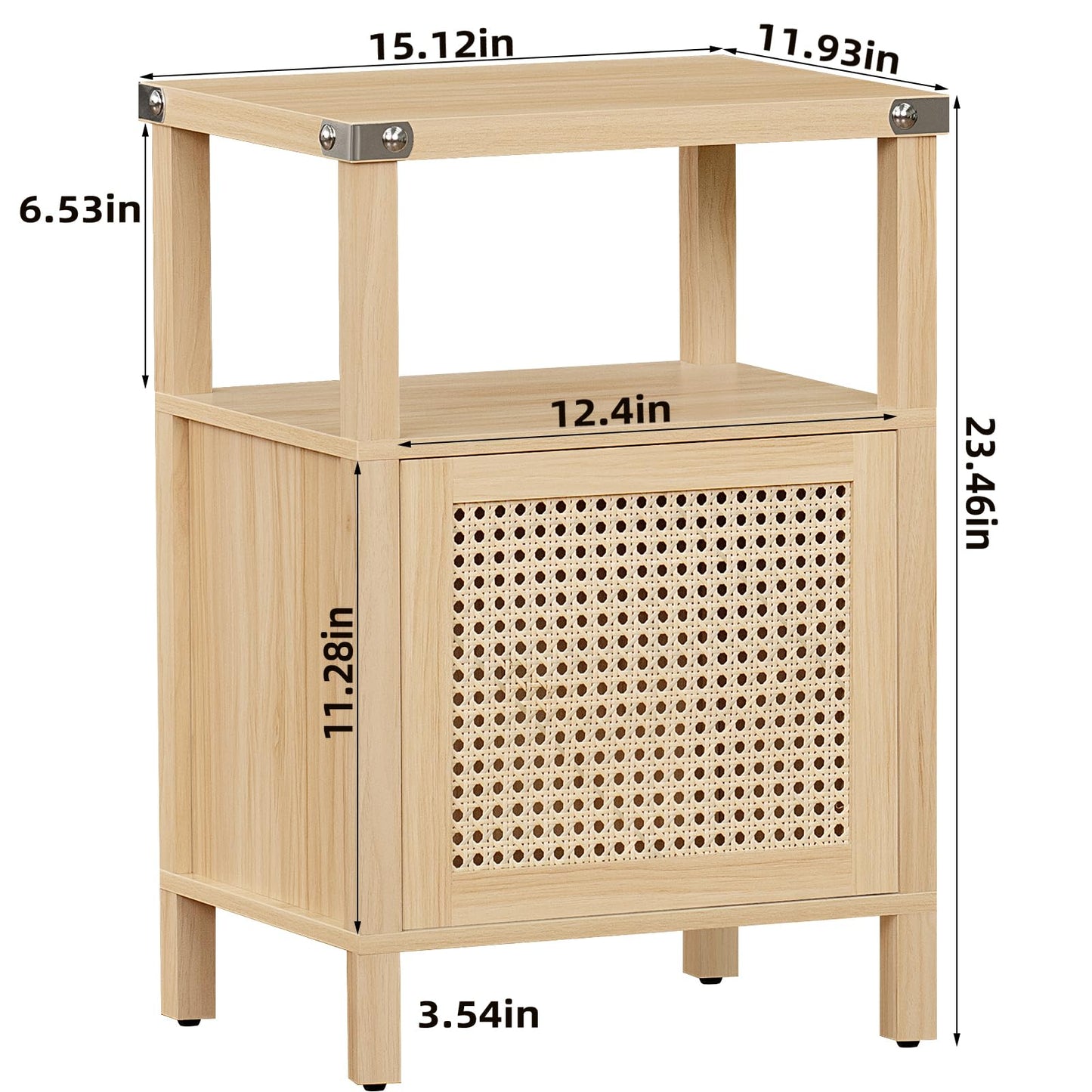 Lerliuo Nightstands Set of 2, Side End Table with Handmade Natural Rattan Door and Open Shelf, Wood Accent Night Stand with Storage, Mid Century Bedside Table for Bedroom, Living Room (Natural)