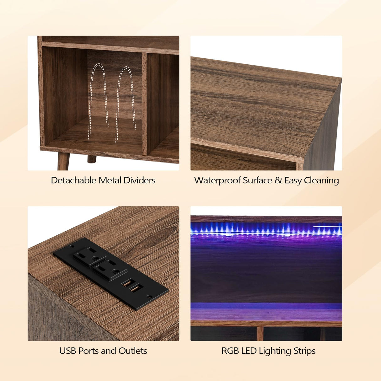 VINGLI Record Player Stand with Open Vinyl Storage, Mid-Century Album Storage Table with LED Light up to 300 Albums, Vinyl Record Player Shelf with Power Outlet for Living Room, Walnut VINGLI