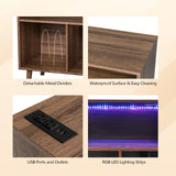 VINGLI Record Player Stand with Open Vinyl Storage, Mid-Century Album Storage Table with LED Light up to 300 Albums, Vinyl Record Player Shelf with Power Outlet for Living Room, Walnut VINGLI
