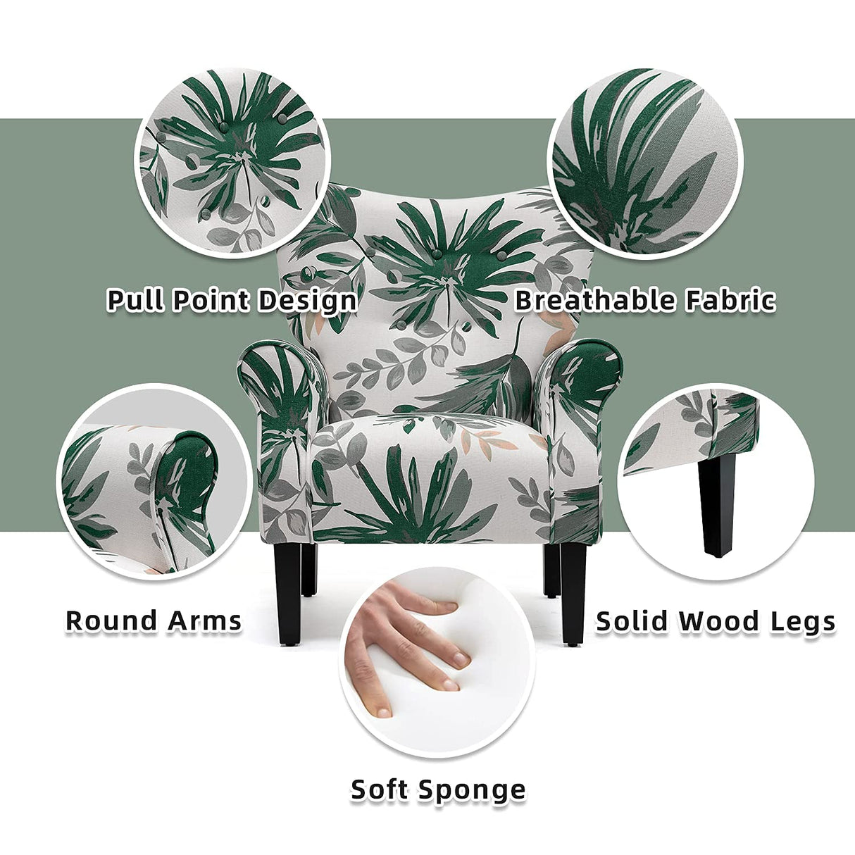 YOLENY Mid Century Wingback Arm Chair,Modern Upholstered Fabric High Back Accent Chair with Wood Legs,Upholstered Single Sofa Club Chair for Living Room, Bedroom, Home Office, Green Leaves YOLENY