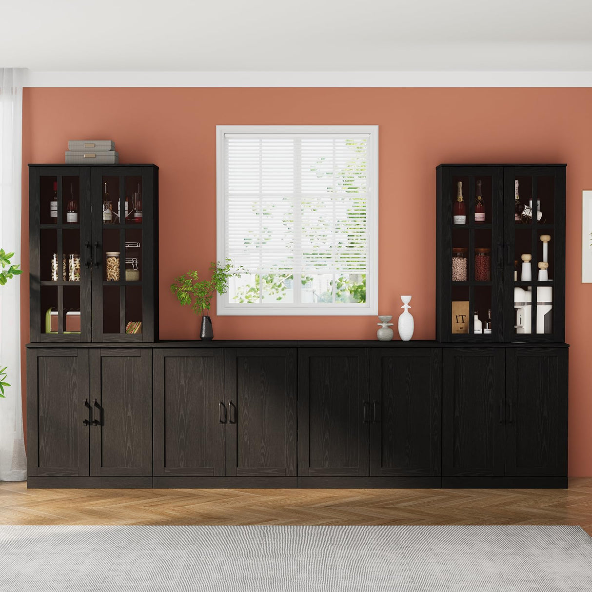 VOWNER TV Stand for TVs up to 75", 4-Piece TV Hutch with Cabinets, Entertainment Center with Bookshelves, Modular TV Console for Living Room, 2D+2H (Black, 111.12" W) VOWNER