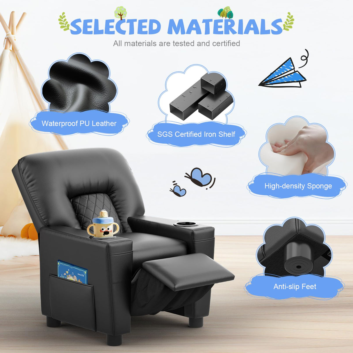 FURNIMAT Kids Recliner Chair, Leather Push Back Kids Reclining Chair with Cup Holders & Side Pockets, Safety Adjustable Footrest Toddler Recliner for Age 3+, Kid Recliners for Girls Boys, Black FURNIMAT