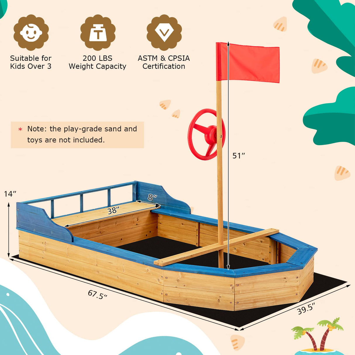 HONEY JOY Pirate Ship Kids Sandbox, Wooden Bottomless Sand Boat with Liner, Sand Pit w/Realistic Flag & Steering Wheel, Storage Bench Seat w/Backrest, Outdoor Sand Boxes for Kids Backyard HONEY JOY