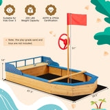 HONEY JOY Pirate Ship Kids Sandbox, Wooden Bottomless Sand Boat with Liner, Sand Pit w/Realistic Flag & Steering Wheel, Storage Bench Seat w/Backrest, Outdoor Sand Boxes for Kids Backyard HONEY JOY