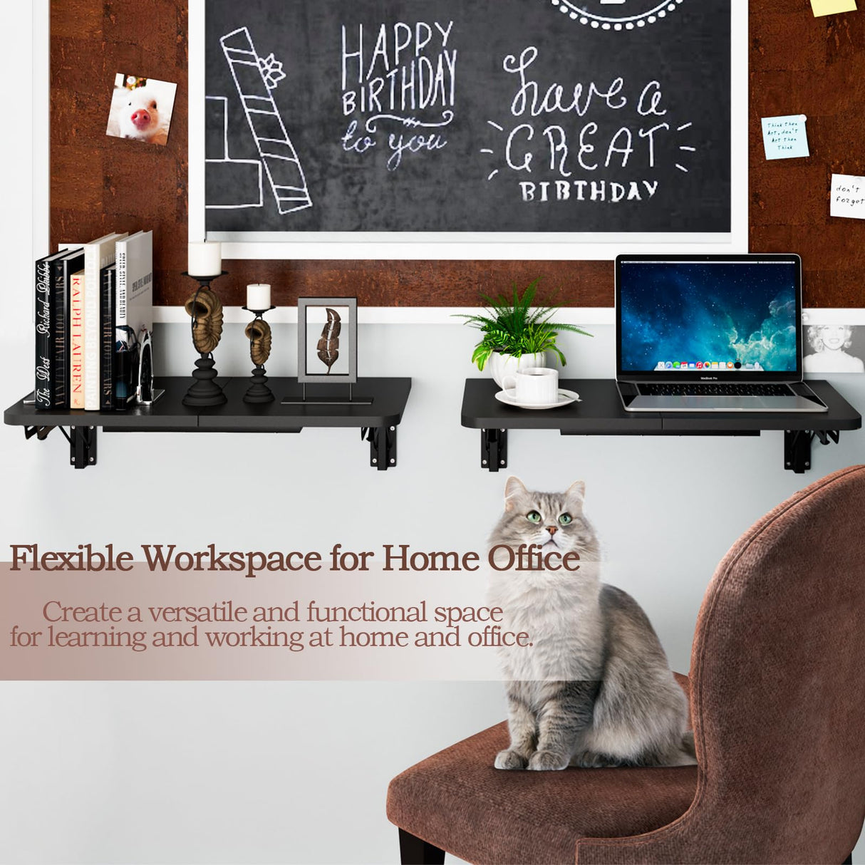 TEAMIX Wall Mounted Folding Table, Black Floating Desk for Small Spaces, Drop Leaf Dining Table for Kitchen Fold Down Laundry Shelf with Heavy-Duty Brackets TEAMIX