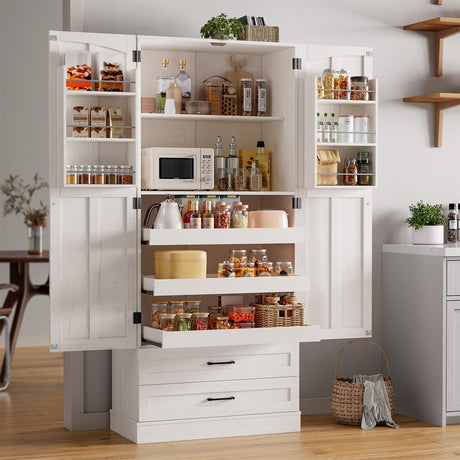 ONBRILL 71" Tall Farmhouse Kitchen Pantry Cabinet with 3 Pull Out Shelves & 2 Large Drawers, Pantry Storage Cabinet with 6 Door Shelves & Adjustable Shelf, Freestanding Pantry for Kitchen, Dining Room ONBRILL