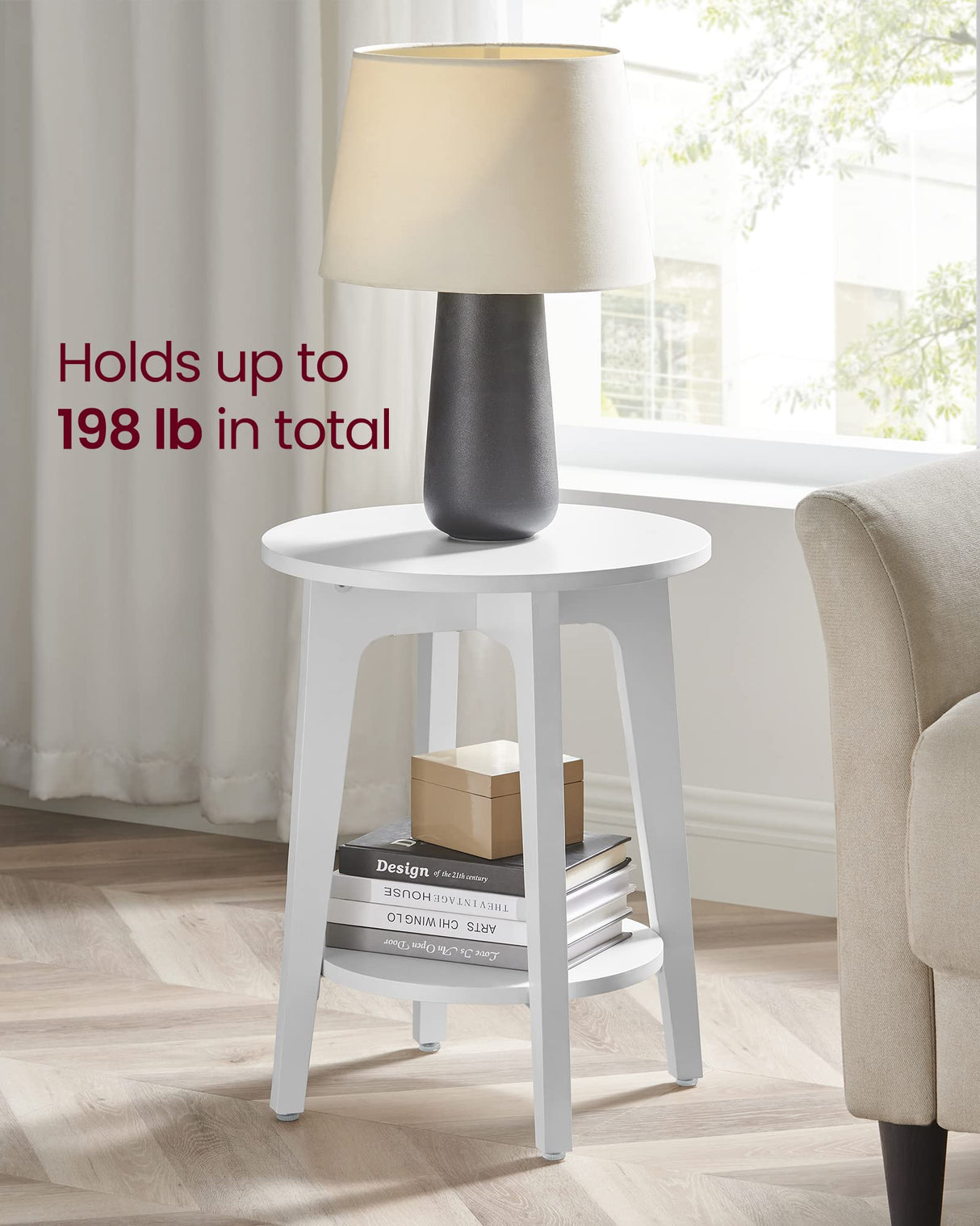 VASAGLE Side Table, Small Round End Table with Lower Shelf, Nightstand for Small Spaces, Living Room, Bedroom, White ULET283T14 VASAGLE