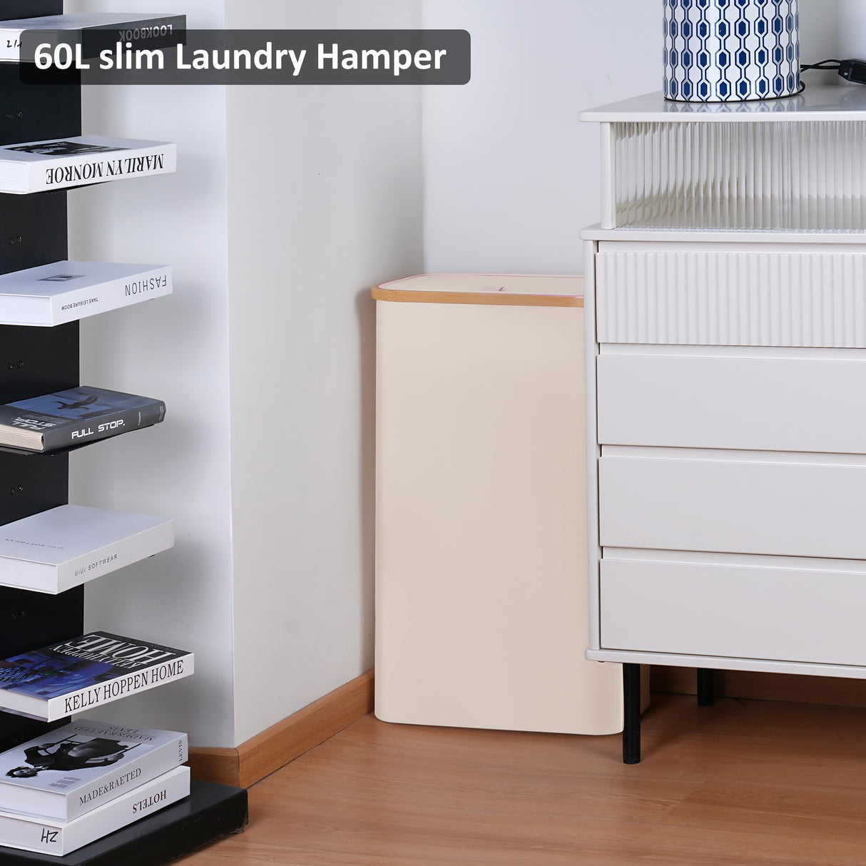 Merkisa Slim Laundry Basket,Tall laundry Hamper with Lid,60L Hamper for Laundry,Dirty Cloth Hamper with Bamboo Handle for Toys,Towels, Clothes Organizing,Beige Merkisa