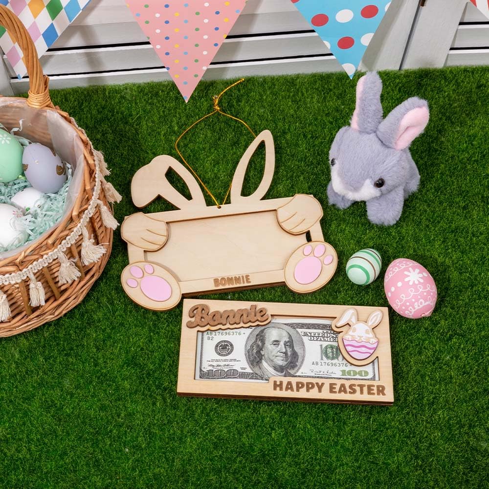 Custom Name Easter Bunny Money Holder Envelope Personalized Wooden Easter Money Holder Easter Basket Stuffers Bunny Money Holder Easter Kids Present Easter Basket Gift Decor - WoodArtSupply