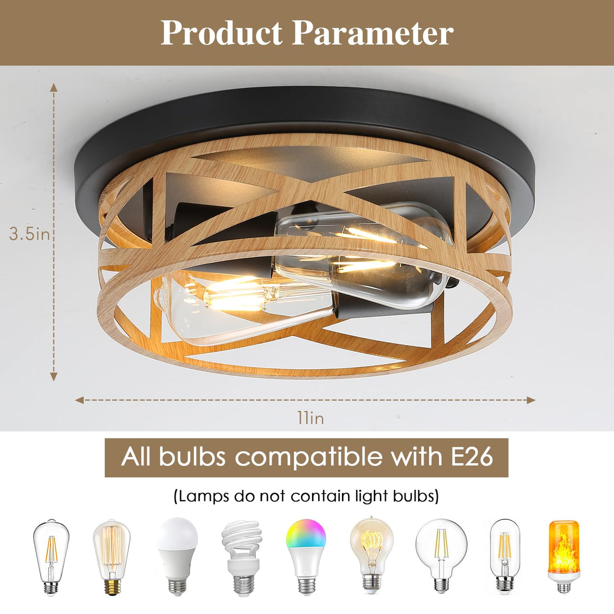 2 Pack Close to Ceiling Light Fixtures, 2-Light Indoor House Flush Mount Ceiling Light, 11 Inch Metal Cage Cross Wood Finish Farmhouse Ceiling Lights for Kitchen Hallway Bedroom DOXVIEZE