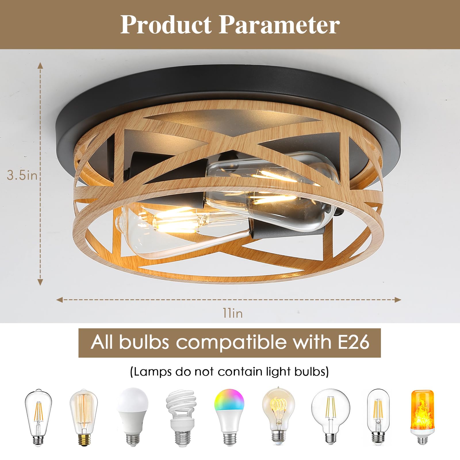 2 Pack Close to Ceiling Light Fixtures, 2-Light Indoor House Flush Mount Ceiling Light, 11 Inch Metal Cage Cross Wood Finish Farmhouse Ceiling Lights for Kitchen Hallway Bedroom - WoodArtSupply