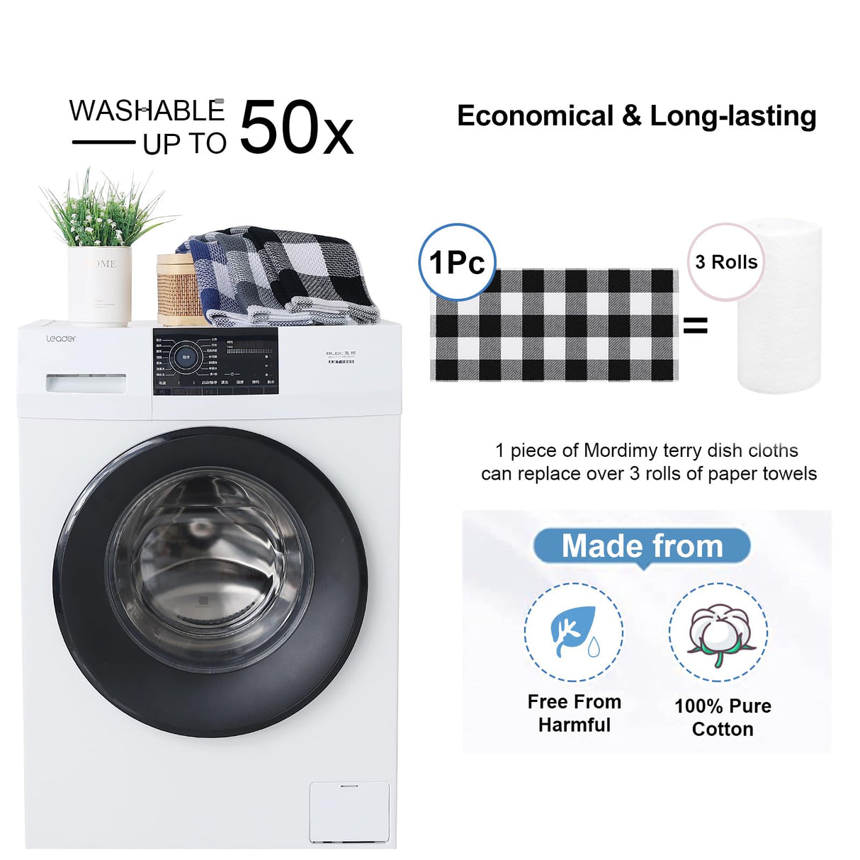 Mordimy 100% Cotton Waffle Weave Kitchen Towels, 13 x 28 Inches, Super Soft and Absorbent Buffalo Check Dish Towels for Drying Dishes, 4-Pack, Black & White Mordimy