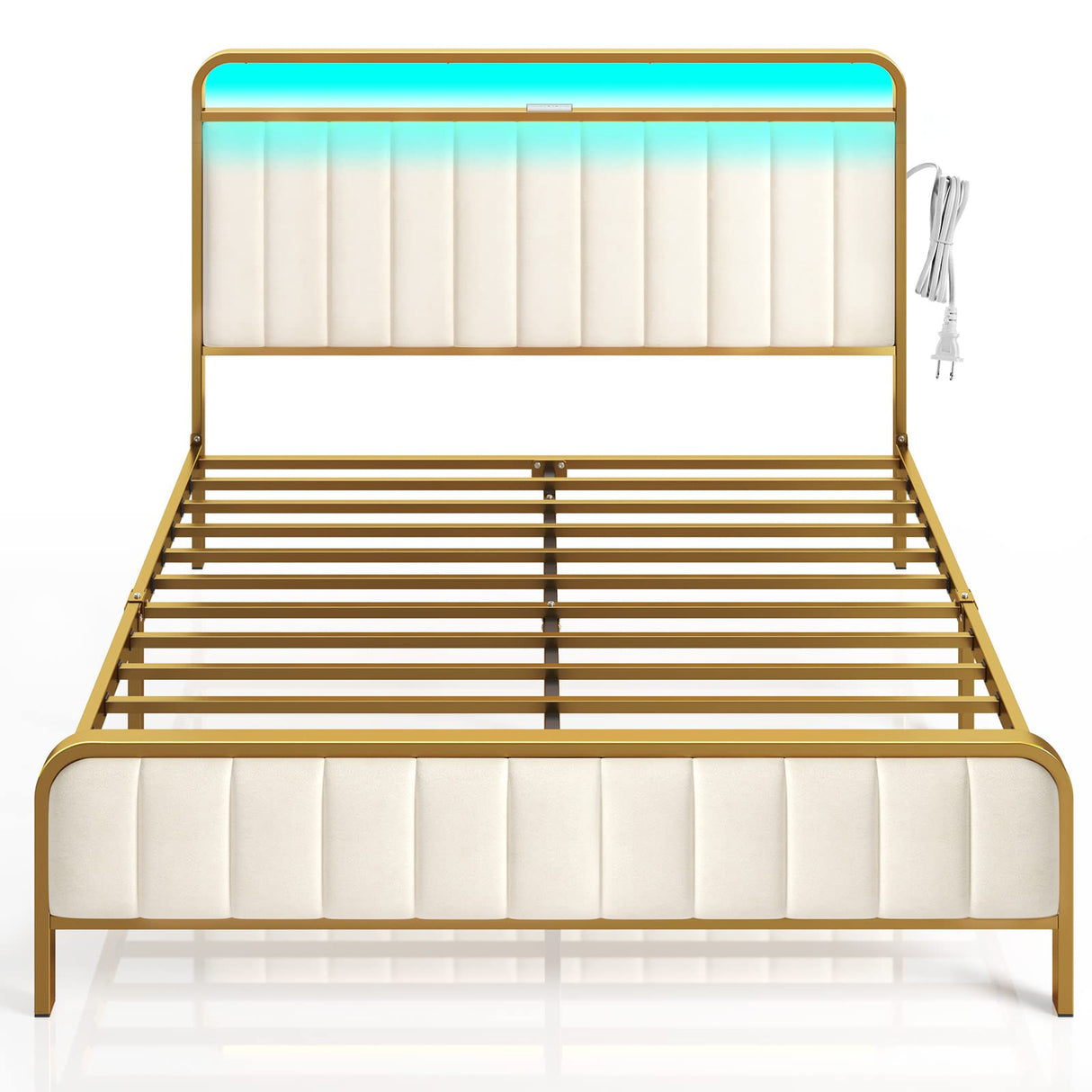Rolanstar Full Size Bed Frame with LED Light and Charging Station, Upholstered Headboard and Footboard, Metal Slat, Noise Free, Easy Assembly, Golden Rolanstar