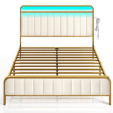 Rolanstar Full Size Bed Frame with LED Light and Charging Station, Upholstered Headboard and Footboard, Metal Slat, Noise Free, Easy Assembly, Golden Rolanstar