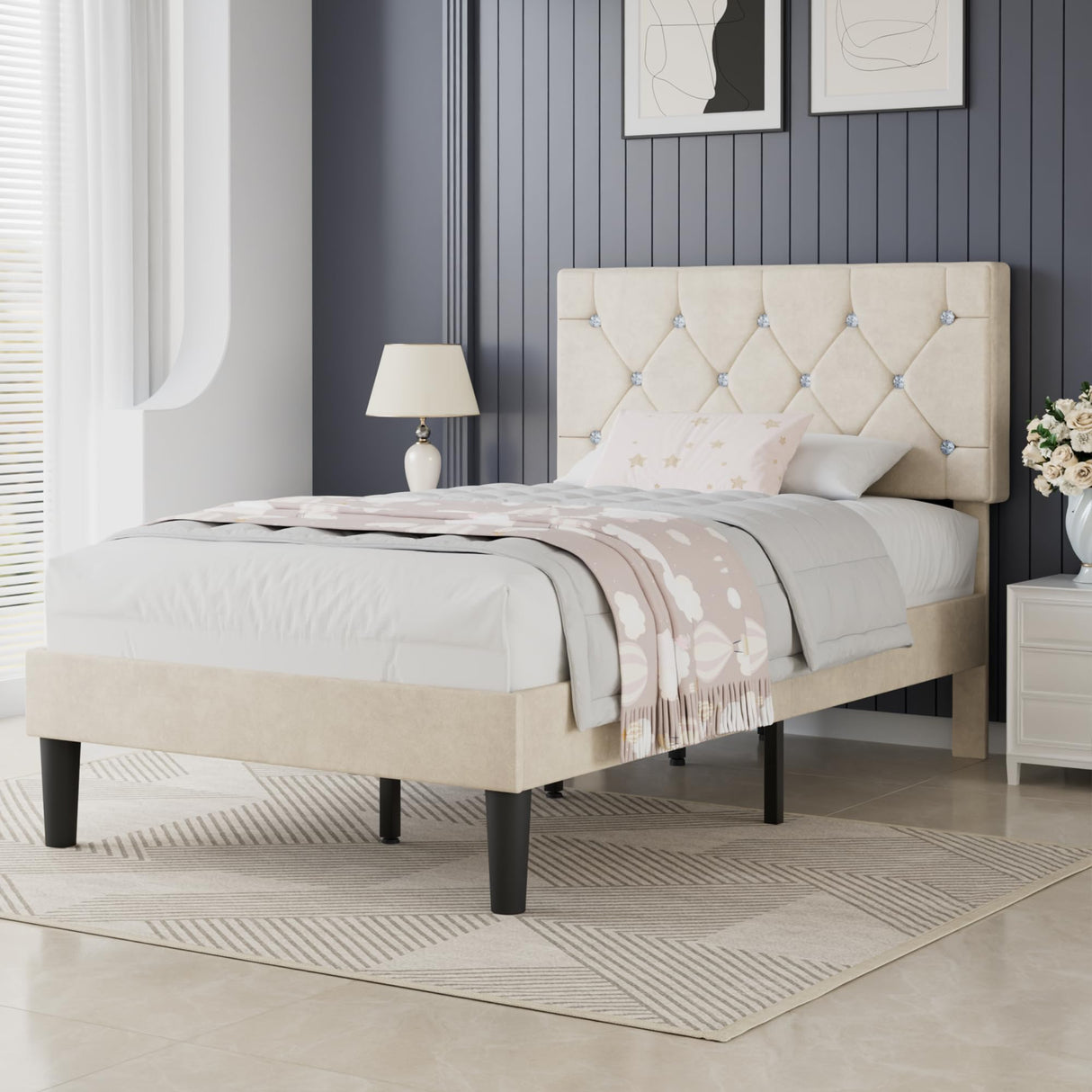 VECELO Twin Size Bed Frame, Upholstered Platform with Adjustable Diamond Tufted Headboard, Wood Slat Support, No Box Spring Needed, Pala Beige VECELO