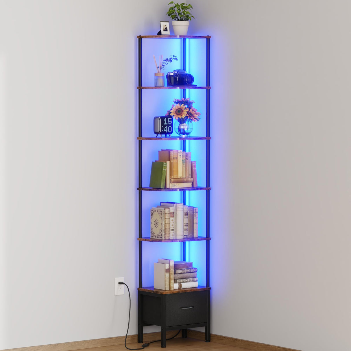 AFLUI 6-Tier Corner Bookshelf with Fabric Drawer and LED Light, 75" Bookcase for Small Space, Narrow Book Shelf for Corner, Display Shelf, Rustic Brown AFLUI