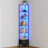 AFLUI 6-Tier Corner Bookshelf with Fabric Drawer and LED Light, 75" Bookcase for Small Space, Narrow Book Shelf for Corner, Display Shelf, Rustic Brown AFLUI