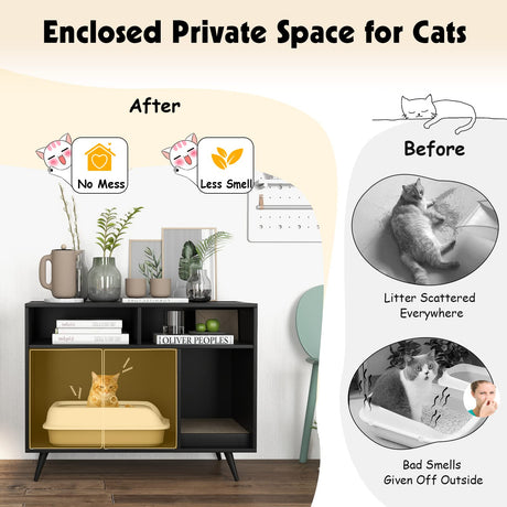 PETSITE Litter Box Enclosure, Wooden Cat Litter Box Furniture Hidden with Shelves & Scratching Pad, Kitty Large Litter Box Washroom Cabinet End Table PETSITE