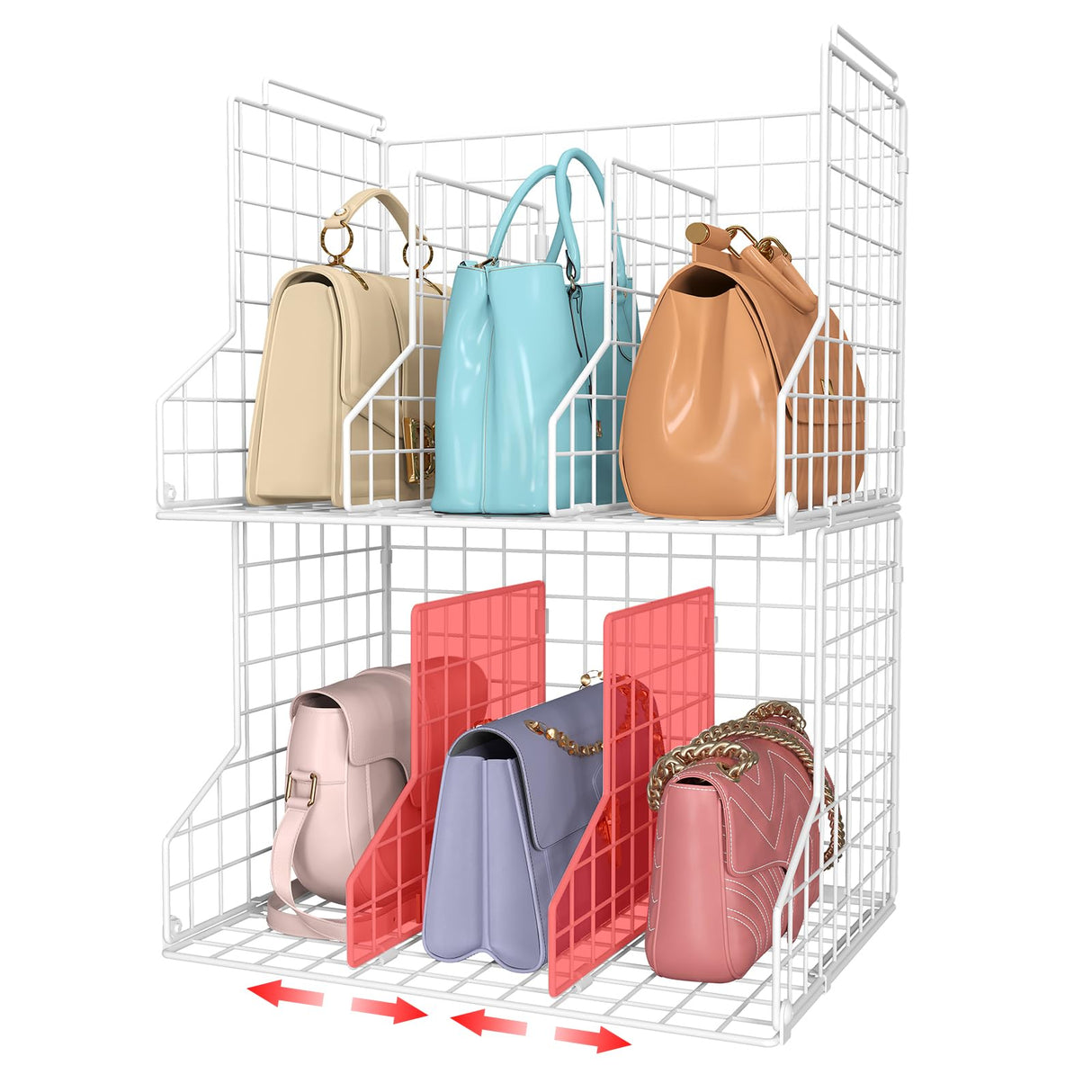 Purse Storage Organizer for Closet : Adjustable 2-Pack Dividers Handbag Organizer - Stackable Wire Handbags Storage Baskets -Open Cabinets Wallets Tote Chain Bags Clutches -White Sonyabecca