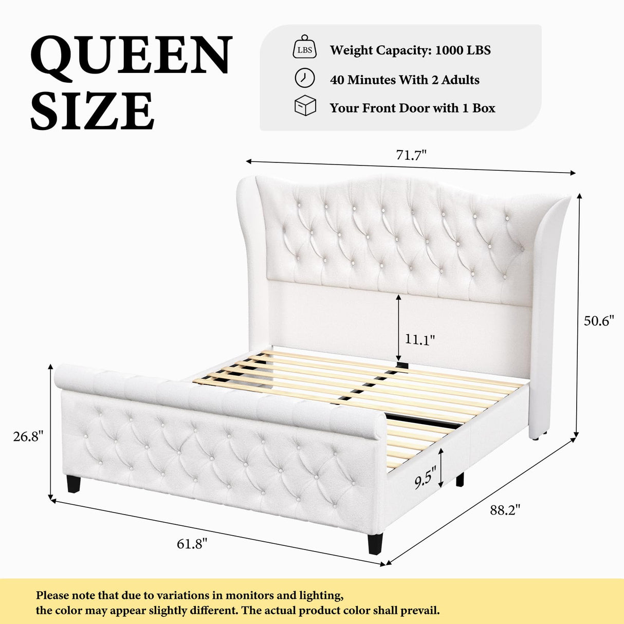Luxury Queen Size Sleigh Bed Frame with Upholstered Headboard & Footboard,Tufted Chenille Fabric,Sturdy Wood Slat Support,Classic Wingback Design,Cream koorlian