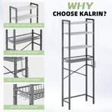 Kalrin Over-The-Toilet Storage Rack, 4-Tier Bathroom Organizer Shelf Over Toilet with Adjustable Shelf and Basket, Freestanding Space Saver Bathroom Shelves Above Toilet for Room (Gray- White) Kalrin