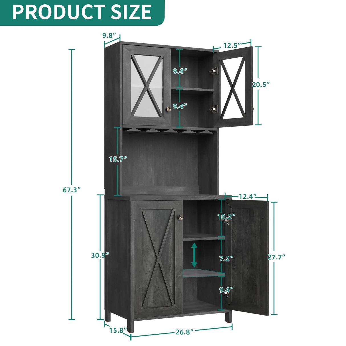 DWVO Farmhouse Kitchen Pantry Cabinet, 67" Tall Storage Cabinet w/Acrylic Glass Doors and Glass Holder, Versatile Storage for Living Room, Dining Room or Hallway, Charcoal Grey DWVO