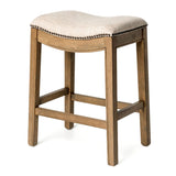 Maven Lane Adrien 26 Inch Counter Height Upholstered Backless Saddle Barstool in Natural Wood Finish with Wheat Cream Fabric Cushion Seat, Set of 2 Maven Lane