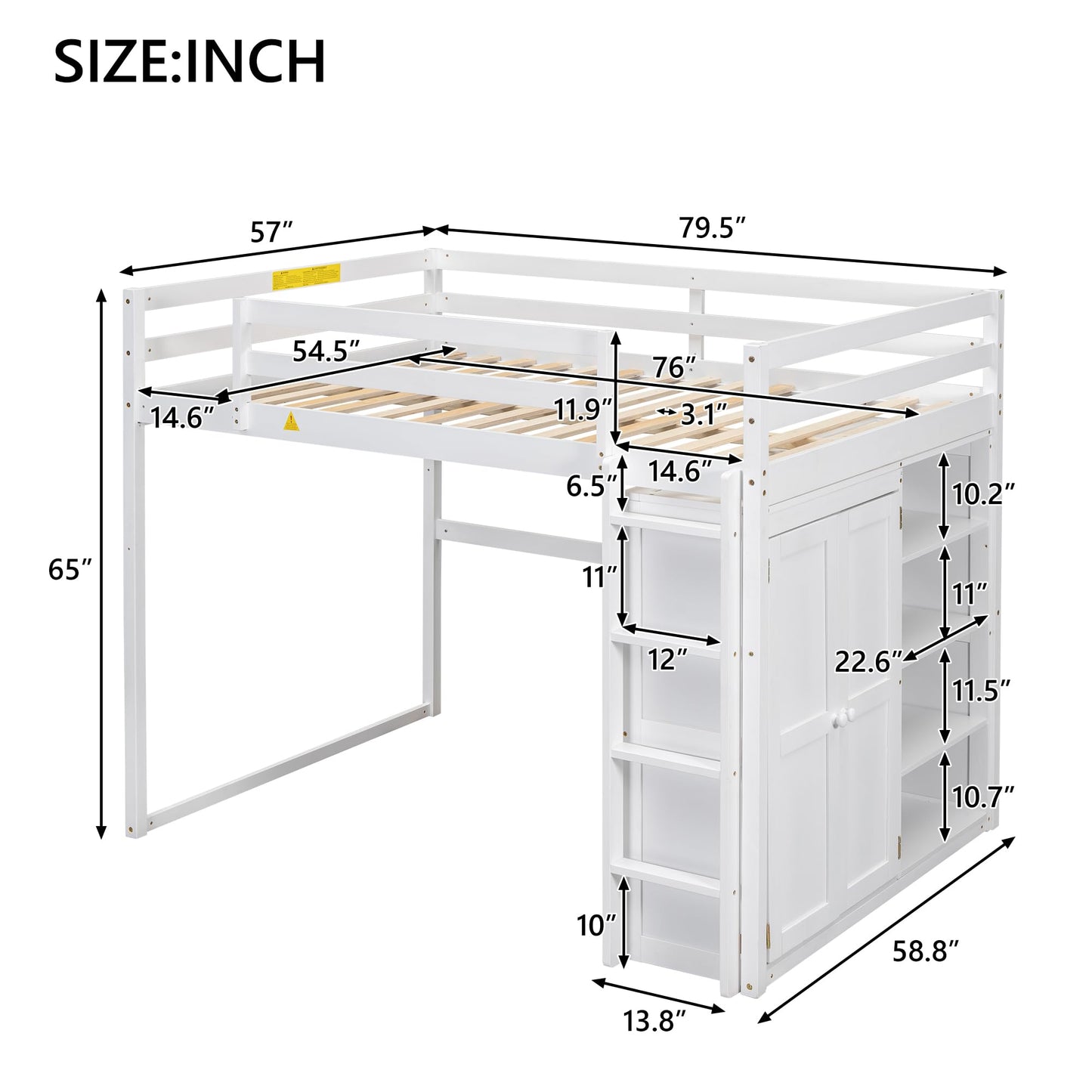 Linique Full Size White Loft Bed with LED Light and Built-in Wardrobe - WoodArtSupply