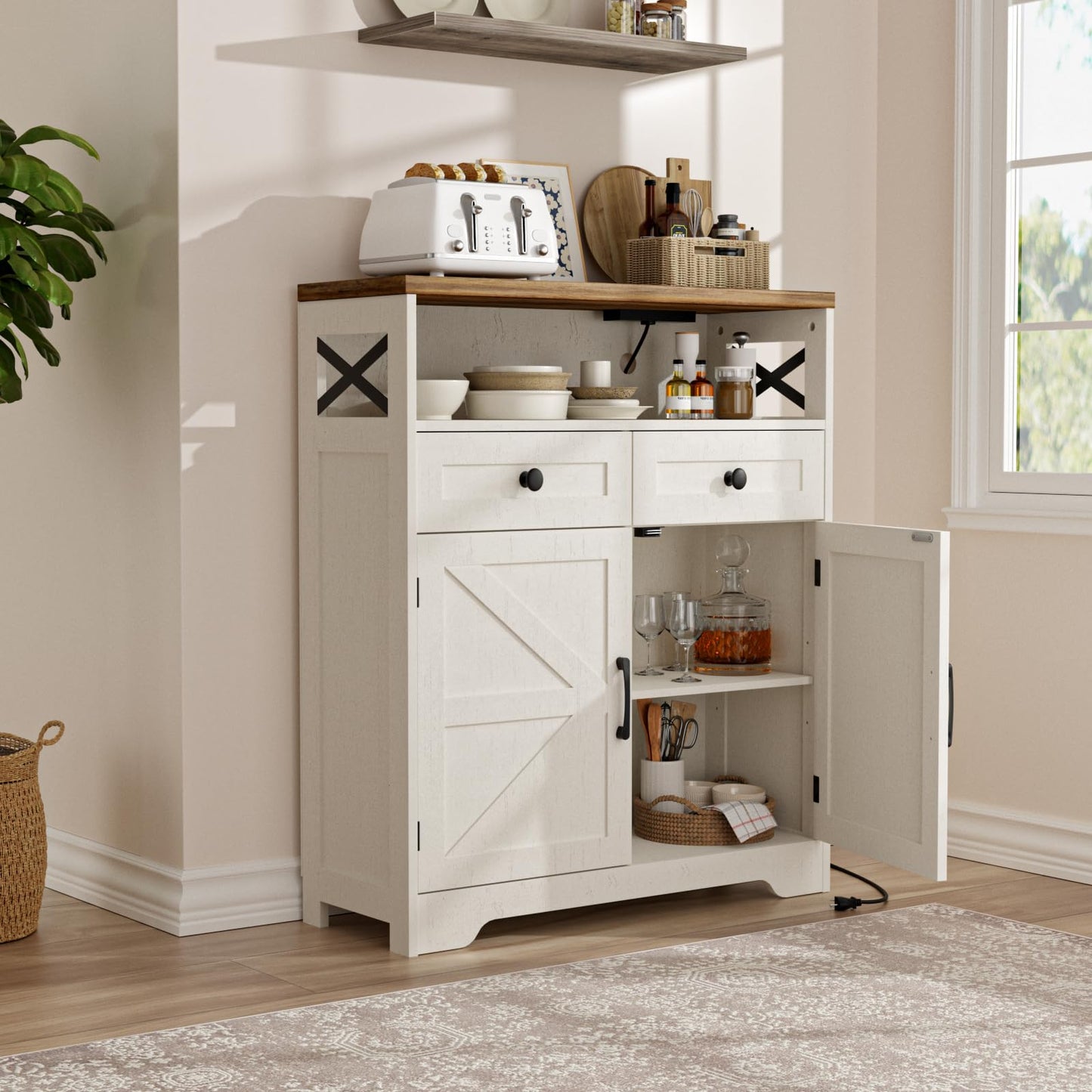 31.5" White Storage Cabinet with Doors & Drawers, Farmhouse Sideboard Buffet Cabinet with Storage, Kitchen Pantry Hutch Cabinet, Coffee Bar Cabinet Table Station for Kitchen, Livingroom, Dining Room