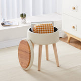 Mxfurhawa Storage Ottoman Linen Round Vanity Stool Tray Top Modern Foot Stool with Wood Legs Multifunctional Upholstered Foot Ottoman Rest for Living Room, Bathroom, Makeup (White) Mxfurhawa