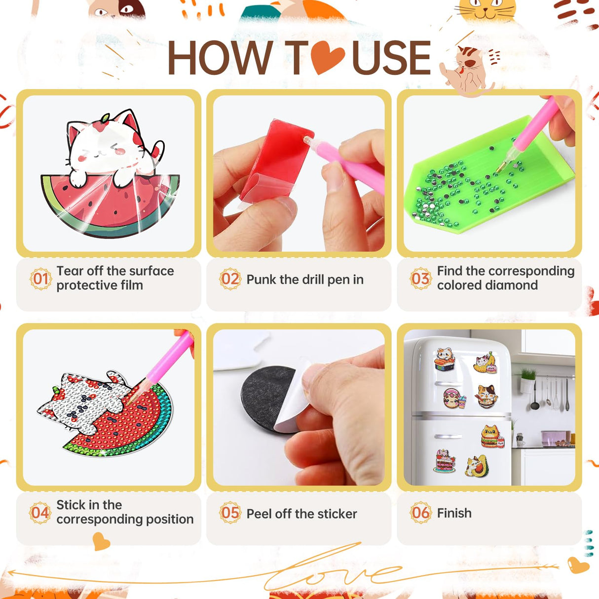 INCOK Cat Diamond Art Magnets Refrigerator - 12 PCS DIY Diamond Painting Kits Pineapple Hamburger Avocado Fridge Magnets Home Decors Art Crafts Birthday Gift for Adults Beginners Cat Lover INCOK