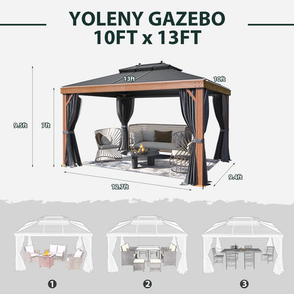 YOLENY 10' x 13' Hardtop Gazebo Metal Gazebo with Wood Grain Aluminum Frame, Galvanized Steel Double Roof, Outdoor Patio Gazebo Pergolas with Netting