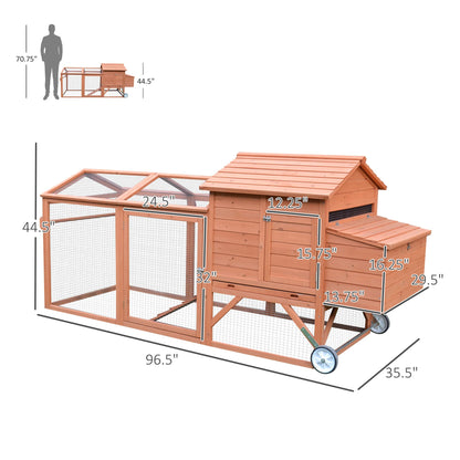 PawHut 96.5" Chicken Coop Wooden Hen House Poultry Cage Pen Portable with Wheels and Nesting Box, Chicken Cage for Backyard Outdoor, Natural - WoodArtSupply