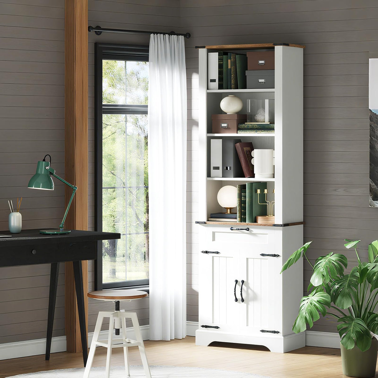 GarveeHome 4 Tier Bookshelf with Storage Cabinet, 72" Tall Farmhouse Bookcase with and Barn Door and Drawer, Tall Bookshelf with Adjustable Shelves, Office Wood Freestanding Bookshelves, White GarveeHome