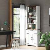 GarveeHome 4 Tier Bookshelf with Storage Cabinet, 72" Tall Farmhouse Bookcase with and Barn Door and Drawer, Tall Bookshelf with Adjustable Shelves, Office Wood Freestanding Bookshelves, White GarveeHome