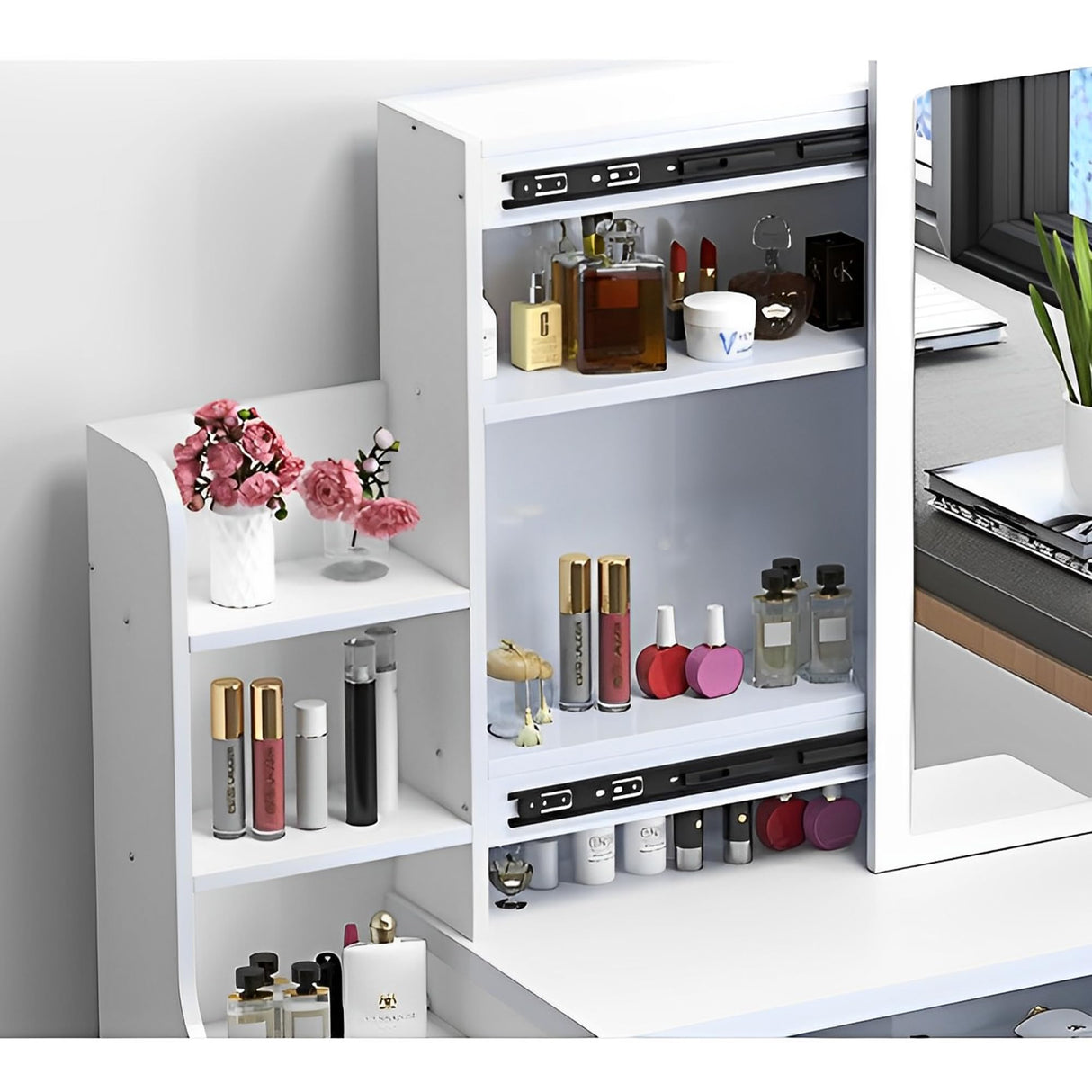 LOXUCVE Vanity Desk Makeup Vanity with Sliding Mirror and Lights,4 Drawers and Cushioned Stool,Store Your Beauty Essentials Illuminate Your Beauty Routine with Our LED Vanity Desk,White LOXUCVE